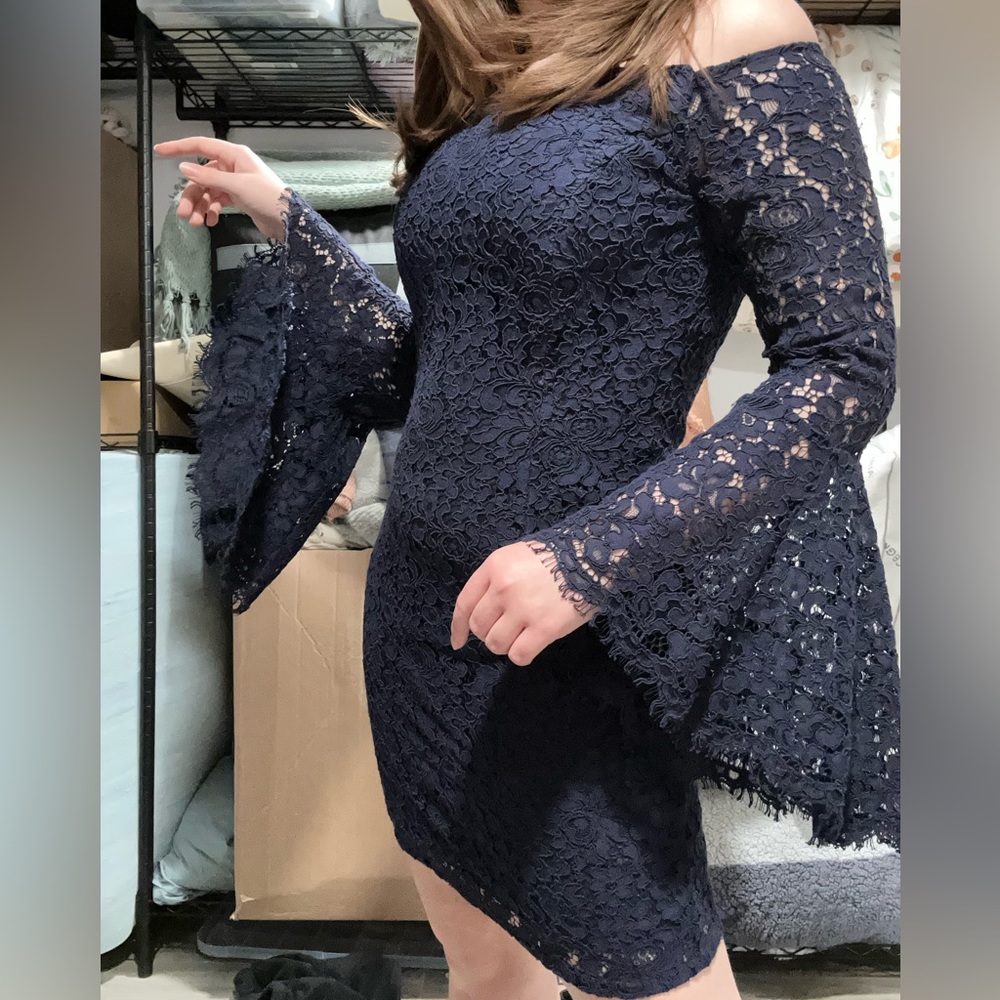 Dramatic Navy Floral Dress with Flared Sleeves